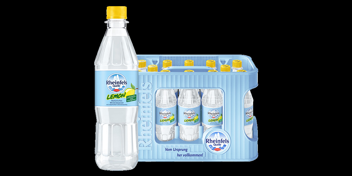 Kasten mit 12 Flaschen Rheinfels Quelle Lemon in 0,5 L PET-Mehrweg