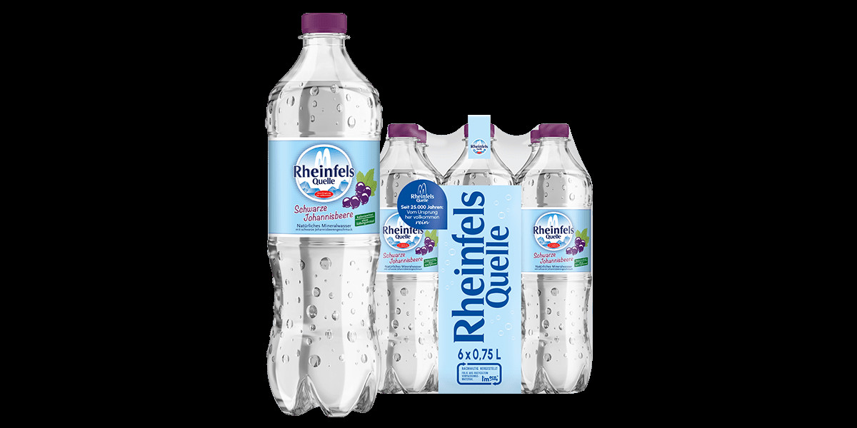 Pack mit 6 Flaschen Rheinfels Quelle Schwarze Johannisbeere in 0,75 L PET-Einweg